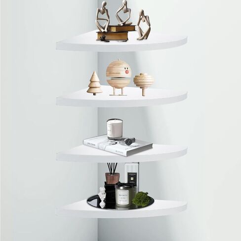 4 Pcs Floating Corner Shelf with Mounting Accessories, Wooden White Round Corner Wall Shelves, Wall Mounted Corner Storage Shelf for Bathroom, Bedroom, Living Room in Saudi Arabia