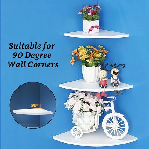 4 Pcs Floating Corner Shelf with Mounting Accessories, Wooden White Round Corner Wall Shelves, Wall Mounted Corner Storage Shelf for Bathroom, Bedroom, Living Room in Saudi Arabia