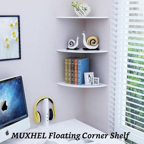 4 Pcs Floating Corner Shelf with Mounting Accessories, Wooden White Round Corner Wall Shelves, Wall Mounted Corner Storage Shelf for Bathroom, Bedroom, Living Room in Saudi Arabia