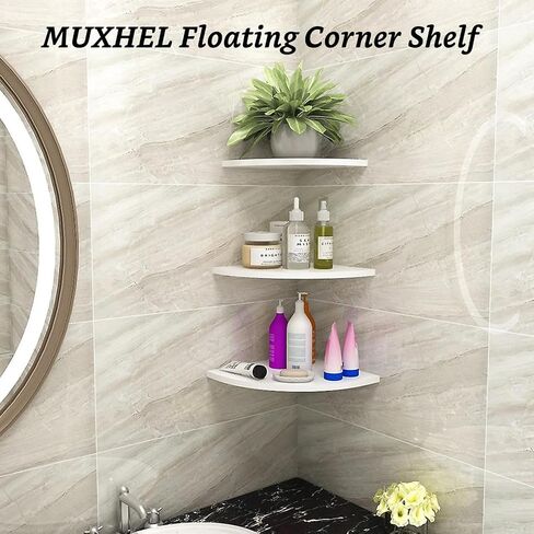 4 Pcs Floating Corner Shelf with Mounting Accessories, Wooden White Round Corner Wall Shelves, Wall Mounted Corner Storage Shelf for Bathroom, Bedroom, Living Room in Saudi Arabia