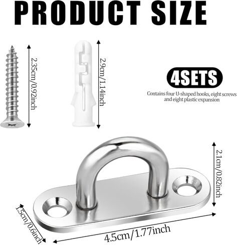 4 Pack Ceiling Pad Eye Plate U Hooks, Marine Hardware Staple Hooks Loop, Stainless Steel Wall Mount Metal Staple Ring Hooks, Silver (with 8 Screws 8 Plastic Expansion Tubes) in Saudi Arabia