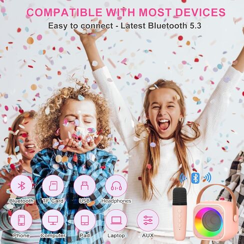 آلة كاريوكي للأطفال مع 2 ميكروفونات لاسلكية ومصابيح LED، مكبر صوت بلوتوث صغير محمول لحفلات عيد الميلاد العائلية المنزلية، هدايا مثالية للبالغين والفتيات والأولاد، للأعمار 4، 5، 6، 7، 8، 9، 10، 12+ in Kuwait