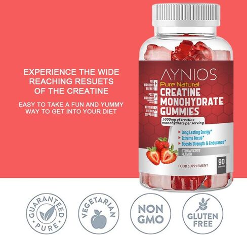 Creatine Monohydrate Gummy 5000mg for Men & Women - 90 Chewable Gummies - Creatine Monohydrate for Increase Strength and Build Muscle - Energy - Pre Workout Gym Supplement - Strawberry Flavoured in Saudi Arabia