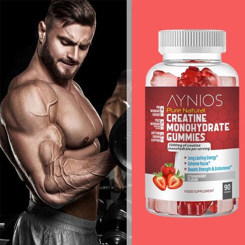 Creatine Monohydrate Gummy 5000mg for Men & Women - 90 Chewable Gummies - Creatine Monohydrate for Increase Strength and Build Muscle - Energy - Pre Workout Gym Supplement - Strawberry Flavoured in Saudi Arabia