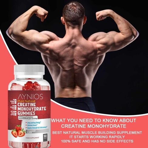 Creatine Monohydrate Gummy 5000mg for Men & Women - 90 Chewable Gummies - Creatine Monohydrate for Increase Strength and Build Muscle - Energy - Pre Workout Gym Supplement - Strawberry Flavoured in Saudi Arabia