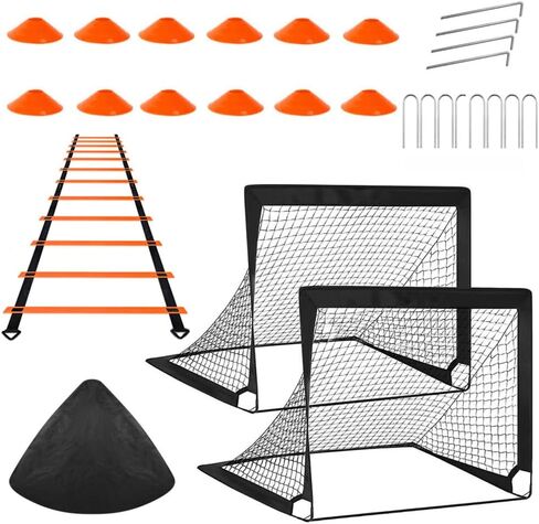 أهداف كرة القدم، مجموعة أهداف كرة القدم المحمولة القابلة للطي للأطفال في الهواء الطلق من FOME للفناء الخلفي 2 مجموعة شبكة كرة قدم 4x3 قدم، 12 مخاريط كرة قدم، سلم خفة الحركة وحقيبة حمل، معدات تدريب كرة القدم للأطفال الصغار in Kuwait