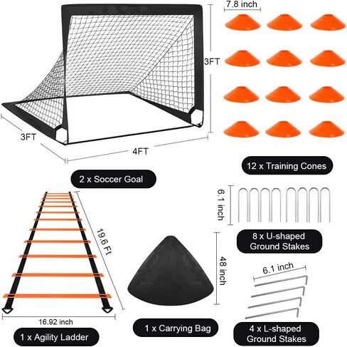 أهداف كرة القدم، مجموعة أهداف كرة القدم المحمولة القابلة للطي للأطفال في الهواء الطلق من FOME للفناء الخلفي 2 مجموعة شبكة كرة قدم 4x3 قدم، 12 مخاريط كرة قدم، سلم خفة الحركة وحقيبة حمل، معدات تدريب كرة القدم للأطفال الصغار in Kuwait