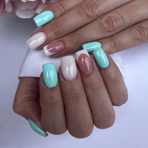 French Tip Press on Nails Medium Square Fake Nails Light Green Full Cover Glossy False Nails Simple Artificial Glue on Nails for Women 24Pcs in Saudi Arabia