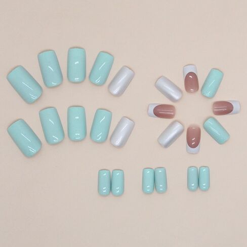 French Tip Press on Nails Medium Square Fake Nails Light Green Full Cover Glossy False Nails Simple Artificial Glue on Nails for Women 24Pcs in Saudi Arabia
