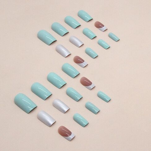 French Tip Press on Nails Medium Square Fake Nails Light Green Full Cover Glossy False Nails Simple Artificial Glue on Nails for Women 24Pcs in Saudi Arabia