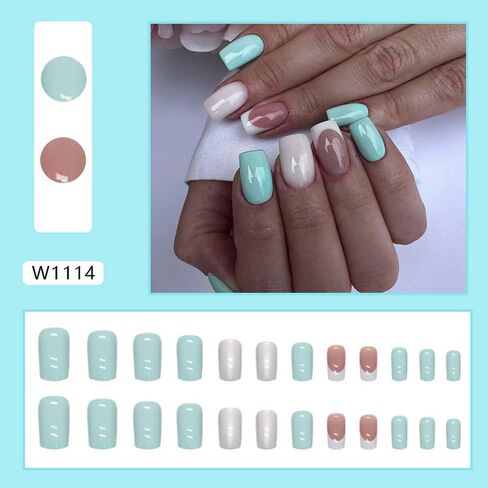 French Tip Press on Nails Medium Square Fake Nails Light Green Full Cover Glossy False Nails Simple Artificial Glue on Nails for Women 24Pcs in Saudi Arabia