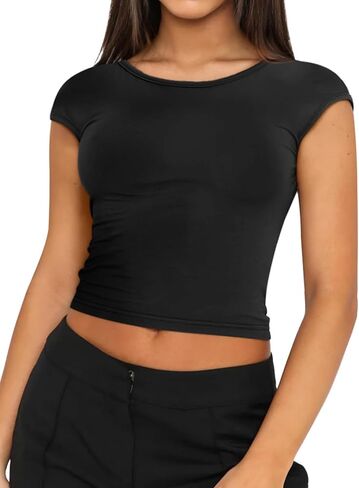 Bloggerlove المرأة مثير طاقم الرقبة عارية الذراعين المحاصيل القمم 2024 قصيرة الأكمام سليم صالح تي شيرت الأساسية Y2K كامي القمم in Kuwait