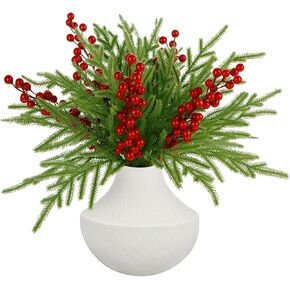 10 Pcs Christmas Norfolk Pine Branches with Red Berry Stems,19 Inch Norfolk Pine Artificial Christmas Branches, Artificial Xmas Branches Plants Pine Leaves for DIY Garland Wreath Home Decoration