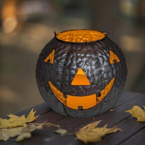 One Holiday Way 8.25-Inch Rustic Silver Galvanized Metal Jack-o-Lantern Pumpkin Halloween LED Votive Candle Holder Lantern w/Timer - Tabletop Hanging Decoration in Saudi Arabia