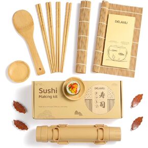 Delamu Sushi Making Kit, [Easy] Sushi Kit for Beginners/Pros Sushi Makers, Practical Bamboo Sushi Mats, Sushi Bazooka, Chopsticks, Guide & More