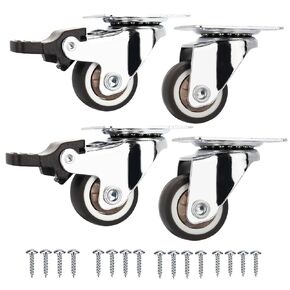 1" Small Caster Wheels 4 Pack for Furniture Low Profile Soft Rubber Casters Swivel Plate Castors Rolling Smooth and Mute Durable Load Capacity 100 Lbs 2 with Brake and 2 Without
