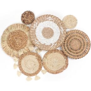 Kmise Set of 7 Boho Wall Basket Decor, Hanging Woven Wall Basket Decor, Natural Seagrass Rattan Wicker Boho Wall Decor, Eco-Friendly Rustic Round Wall Art for Farmhouse Kitchen Bedroom Living Room