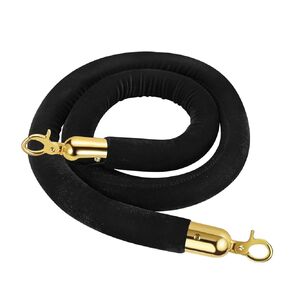 Flexzion Velvet Stanchion Rope (5FT, 1 Pack) 1.5" Thick Black Cord for Ball Crown Top Style Barriers Post, Crowd Queue Line Safe Control, Round Velour with Gold Plated Polished Brass Snap Hook