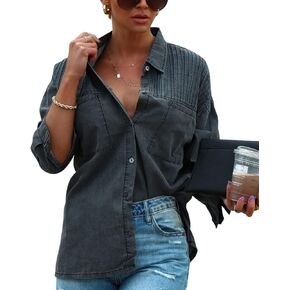Paintcolors المرأة زر أسفل قميص دينيم منتظم تيشيرت ضيق بأكمام طويلة بلوزات العمل غير الرسمية شامبراي تونك القمم سترة مع جيب in Kuwait