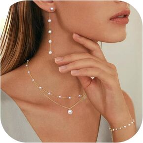 FUNRUN JEWELRY قلادة اللؤلؤ للنساء 14K مجموعة مجوهرات اللؤلؤ المطلية بالذهب قابل للتعديل اللؤلؤ قلادة قلادة سوار اللؤلؤ انخفاض الأقراط لذيذ مجوهرات لؤلؤ الزفاف in Kuwait