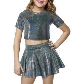 Happy Cherry Girls Metallic Outfit Sequin Hip Hop Dance Shiny Crop Top for Dancing Raves Festivals Metallic skirt