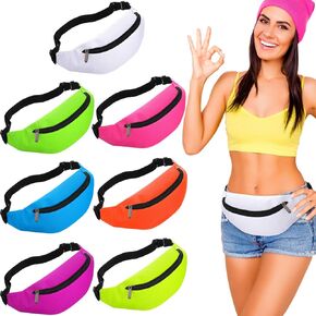 Weewooday 7 Pieces Neon Fanny Pack 80s Party Waist Bag Adjustable Waist 2 Zipper Travel Running Fanny Pack for Rave Party Women