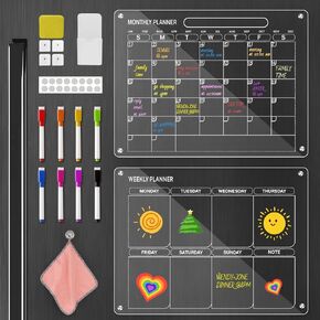 Acrylic Fridge Calendar, Magnetic Calendar for Refrigerator with 8 Colorful Markers, Clear Dry Erase Board Reusable Planning Set for Events/Meetings/Shopping Lists/Dinner, 14.2''X10.2''