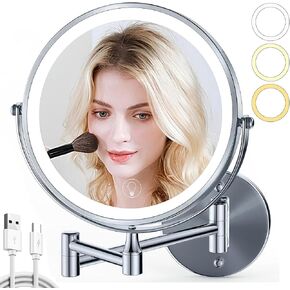 9in Vanity Mirror with Lights, Rechargeable 5000mAh Lighted Makeup Mirror, 1X/20X Double Sided Magnifying Mirror, 360° Rotate, 3 Color Lights, Up to 3800lux, Brightness Adjustable with 80 LEDs,Silvery