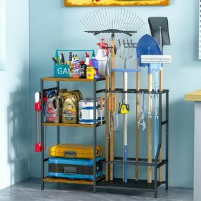Garden Tool Organizer with 3-tier Shelves, Yard Tool Organizer for Garage with 2 Hooks, Up to 21 Long-Handled Tools, Sturdy Metal Steel Tool Holder for Garage, Shed, Home, Black