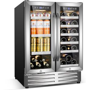 24 Inch Beverage Refrigerator Undercounter, Dual Zone Wine and Beverage Cooler, Large Capacity for Beer Wine Drink with Built-In Warm Light, Ideal for Home Kitchen Bar Office