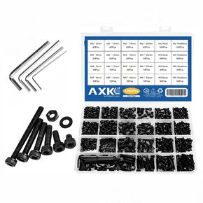AXK 1060pcs M2 M3 M4 M5 Hex Socket Screw Set Carbon Steel Flat Round Cap Head Screws Bolts and Nuts Assortment Kit with Storage Box (Black, M2, M3, M4, M5)