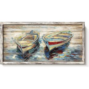 Nautical Boats Framed Wall Art: Beach Sailing Boat Painted Sea Canoe Picture Hand Oil Painting Abstract Sail Artwork Seaside Rowboat Picture Decor for Living Room Bedroom