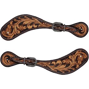 CHALLENGER Horse Western Brown Antique Floral Tooled Leather Cross Beaded Inlay Spur Straps 74AD22