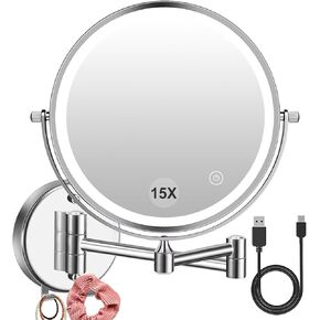 1X/15X Wall Mounted Makeup Mirror with Hook, USB Rechargeable LED 3 Color Lights Two Sided 8 Inch Magnifying Mirror, Touch Switch Intelligent Shutdown 360° Vanity Mirror for Bathroom Hotel