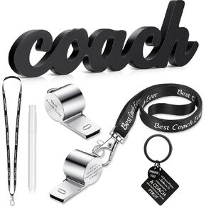 Sratte Thank You Gift for Coach Include Black Wood Word Sign, Whistles for Coach, Football Basketball Soccer Gifts