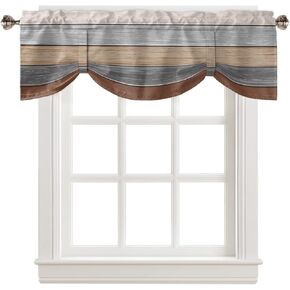 Valance Curtains Rustic Barn Wood Antique Brown Grey Farm Wooden Planks Window Valance for Living Room Bedroom Semi Sheer Short Kitchen Valance with Adjustable Ties Rod Pocket Decor Curtain 60"x18"