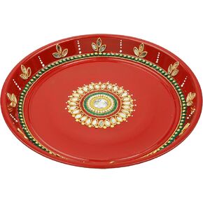 Handcrafted Pooja Thali Plate Platter Engagement Plate Stainless Steel Puja Thali with Essential Pooja Articles for Indian Traditional Festival Aarti Puja Item Ganesha Decoration(Size-10")(Red)