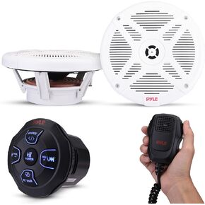 Pyle Marine Bluetooth Receiver Speaker Kit - Waterproof Audio Entertainment System Set w/Dual 6.5" Boat Speakers, Wireless BT Controller, Compact Handheld Broadcasting Microphone (Black)