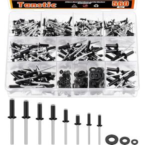 Tanstic 560Pcs Black Aluminum Pop Rivets Kit, 8 Size Blind Rivet Fasteners with 3 Size Backup Washers Assortment Kit for Aviation Automobile Furniture Use
