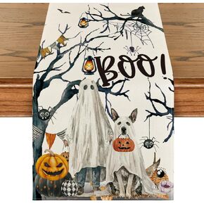 Artoid Mode Ghost Pumpkins Tree Dog Boo Halloween Table Runner, Seasonal Fall Kitchen Dining Table Decoration for Home Party Decor 13x72 Inch