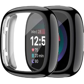 Tobfit for Fitbit Sense 2 / Fitbit Versa 4 Screen Protector Case, Soft Plated TPU Full Around Sensitive Touch Protective Cover for Fitbit Sense 2 / Fitbit Versa 4 Accessories, Black+Black