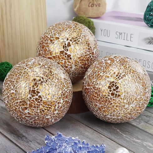 3Pcs Decorative Glass Ball 4 Inch Mosaic Orbs Round Balls Table Centerpiece Party Wedding Decor Sphere for Bowls Vases Dining Filler (Gold) in Saudi Arabia