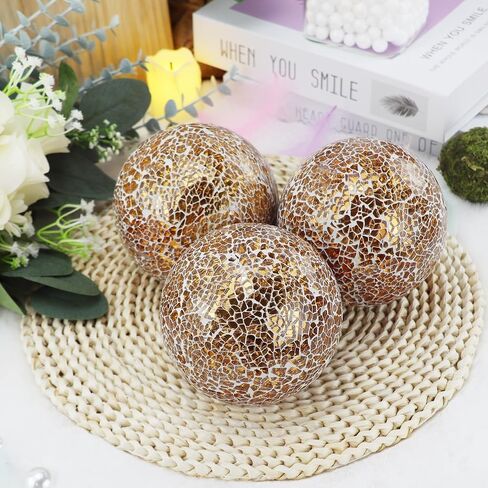 3Pcs Decorative Glass Ball 4 Inch Mosaic Orbs Round Balls Table Centerpiece Party Wedding Decor Sphere for Bowls Vases Dining Filler (Gold) in Saudi Arabia