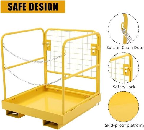 قفص أمان للرافعة الشوكية مقاس 36 × 36 بوصة سلة رجل رافعة شوكية للوظائف الجوية منصة عمل رافعة شوكية فولاذية شديدة التحمل قابلة للطي، أصفر in Kuwait