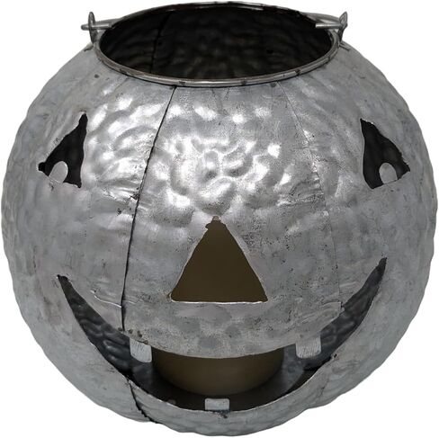 One Holiday Way 8.25-Inch Rustic Silver Galvanized Metal Jack-o-Lantern Pumpkin Halloween LED Votive Candle Holder Lantern w/Timer - Tabletop Hanging Decoration in Saudi Arabia