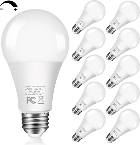 14W 1500LM مصابيح LED قابلة للتعتيم 100 وات مكافئة لمبات LED A19 مع قاعدة متوسطة E26 ضوء النهار الأبيض 5000K CRI 90+ للمطبخ المنزلي وغرفة النوم والمكتب، 10 عبوات in Saudi Arabia