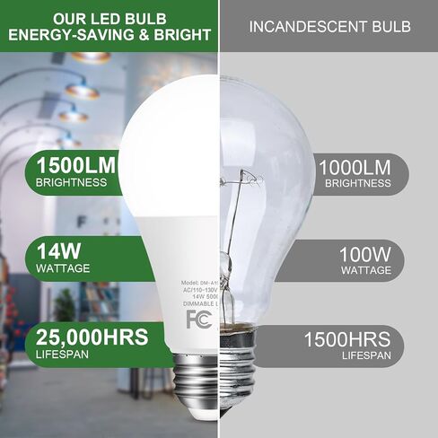 14W 1500LM مصابيح LED قابلة للتعتيم 100 وات مكافئة لمبات LED A19 مع قاعدة متوسطة E26 ضوء النهار الأبيض 5000K CRI 90+ للمطبخ المنزلي وغرفة النوم والمكتب، 10 عبوات in Saudi Arabia