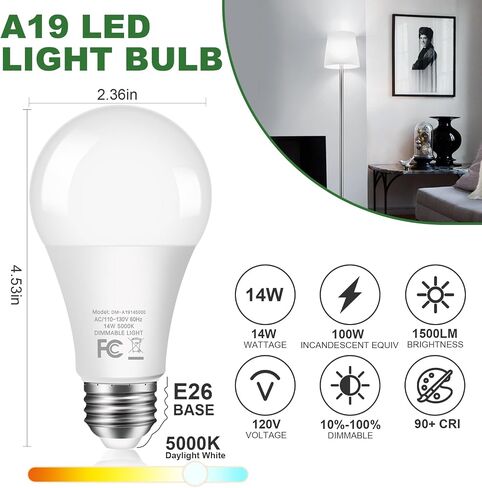 14W 1500LM مصابيح LED قابلة للتعتيم 100 وات مكافئة لمبات LED A19 مع قاعدة متوسطة E26 ضوء النهار الأبيض 5000K CRI 90+ للمطبخ المنزلي وغرفة النوم والمكتب، 10 عبوات in Saudi Arabia