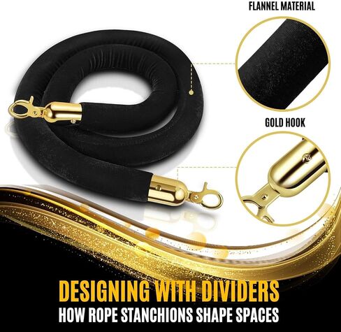 Flexzion Velvet Stanchion Rope (5FT, 1 Pack) 1.5" Thick Black Cord for Ball Crown Top Style Barriers Post, Crowd Queue Line Safe Control, Round Velour with Gold Plated Polished Brass Snap Hook in Saudi Arabia