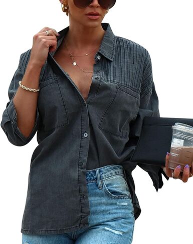 Paintcolors المرأة زر أسفل قميص دينيم منتظم تيشيرت ضيق بأكمام طويلة بلوزات العمل غير الرسمية شامبراي تونك القمم سترة مع جيب in Kuwait